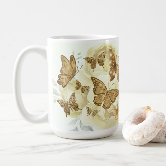 Yellow and Gold Butterfly coffee mug (With Donut)