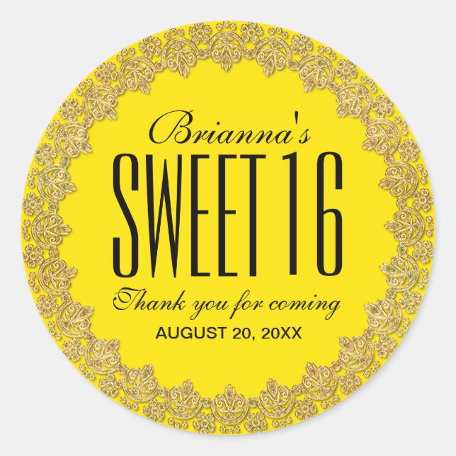 Yellow and Gold Personalized Sweet 16 Party Classic Round Sticker (Front)