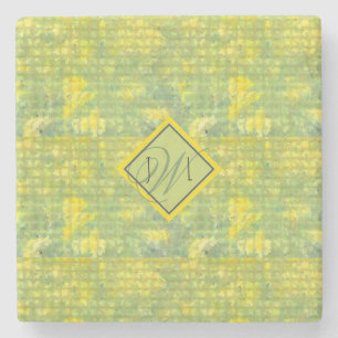Yellow and Green  Abstract Geometric Monogramed Stone Coaster