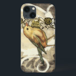 Yellow and Green Bird on Vintage Background iPhone 13 Case<br><div class="desc">This mix of painting and sketching portrays a close-up of a yellow and green bird on a simple black and beige background. The white lines in the background add a vintage tone. This image would fit perfect on any customizable Zazzle product.</div>