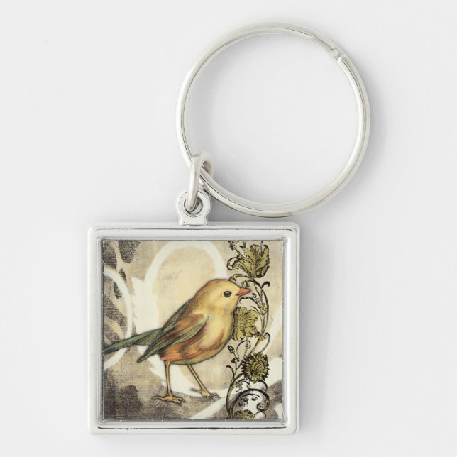 Yellow and Green Bird on Vintage Background Keychain (Front)