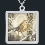 Yellow and Green Bird on Vintage Background Silver Plated Necklace<br><div class="desc">This mix of painting and sketching portrays a close-up of a yellow and green bird on a simple black and beige background. The white lines in the background add a vintage tone. This image would fit perfect on any customizable Zazzle product.</div>