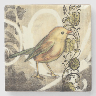 Yellow and Green Bird on Vintage Background Stone Coaster