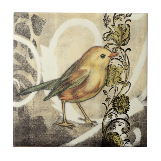 Yellow and Green Bird on Vintage Background Tile (Front)