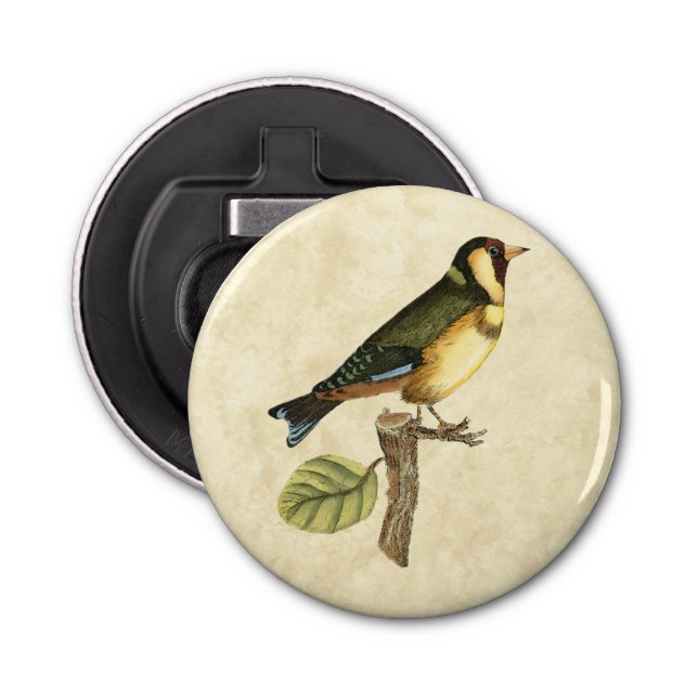 Yellow and Green Bird Perched on a Little Branch Bottle Opener (Front)