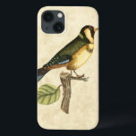 Yellow and Green Bird Perched on a Little Branch iPhone 13 Case<br><div class="desc">This engraved-inspired print displays sharp,  vivid images with a high degree of colour accuracy. The neutral background helps emphasize the colours of the bird. Customize your favourite Zazzle product using this beautiful image.</div>