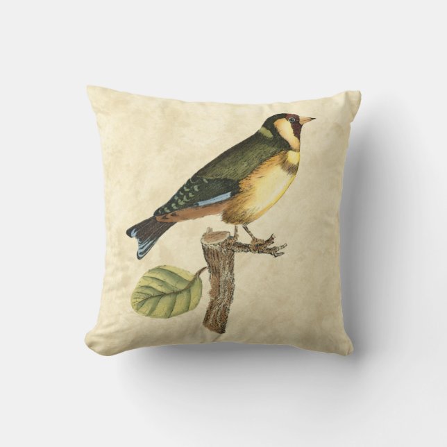 Yellow and Green Bird Perched on a Little Branch Throw Pillow (Front)