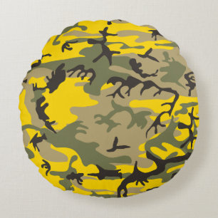 Yellow and Green Camouflage, Military, Army Round Pillow