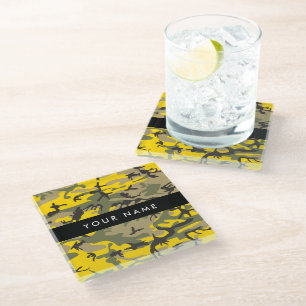 Yellow and Green Camouflage Your name Personalize Glass Coaster