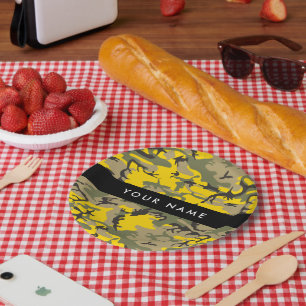 Yellow and Green Camouflage Your name Personalize Paper Plate