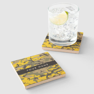 Yellow and Green Camouflage Your name Personalize Stone Coaster