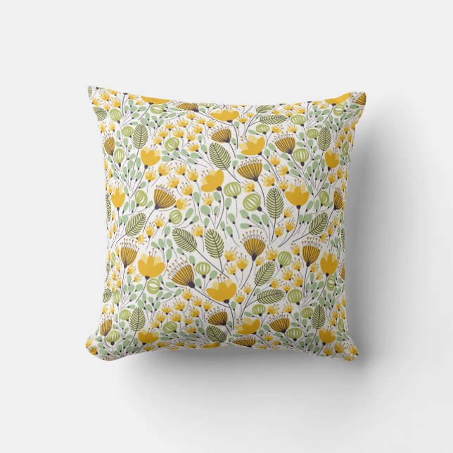 Yellow and Green Decorative Floral Design Pattern Throw Pillow (Front)