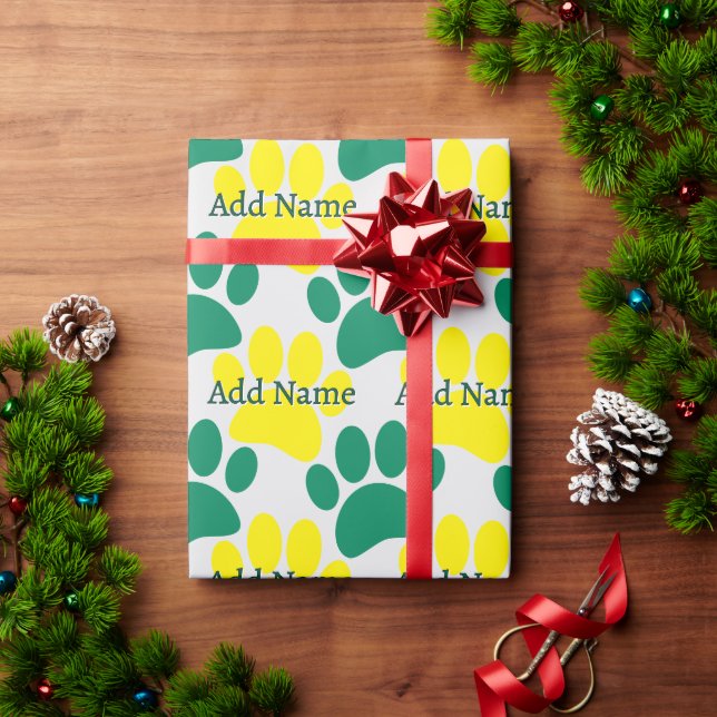 Yellow and Green Dog Paw Print Custom Name Wrapping Paper (Holiday Gift)