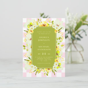 Yellow and Green Floral Checkered Wedding Invite