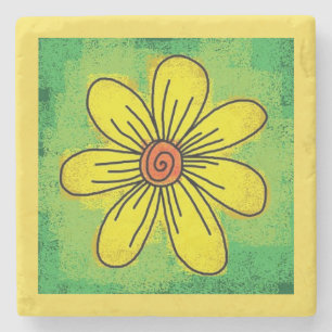 Yellow and Green Floral Square Stone Coaster