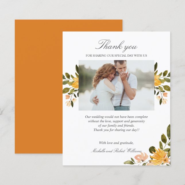 Yellow and green floral Wedding Photo THANK YOU (Front/Back)