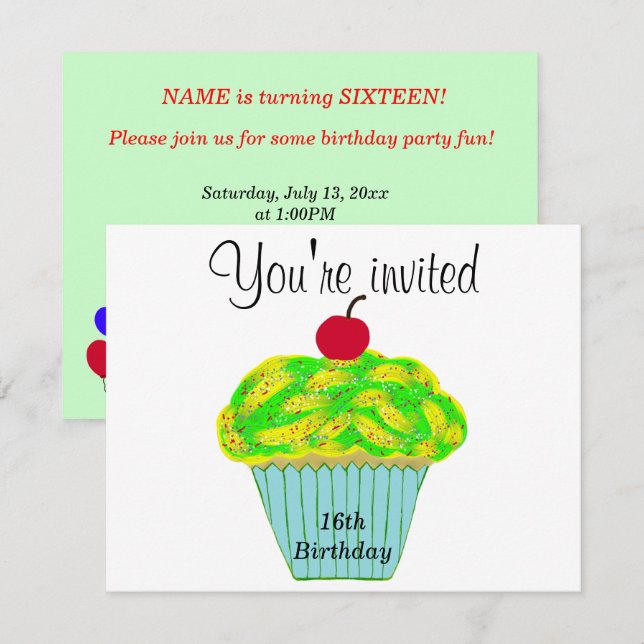 Yellow and Green Frosting Vanilla Cherry Cupcake Invitation (Front/Back)
