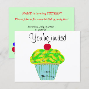 Yellow and Green Frosting Vanilla Cherry Cupcake Invitation