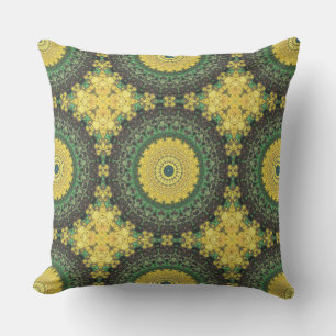 Yellow and Green Kaleidoscope Mandala Pattern Throw Pillow
