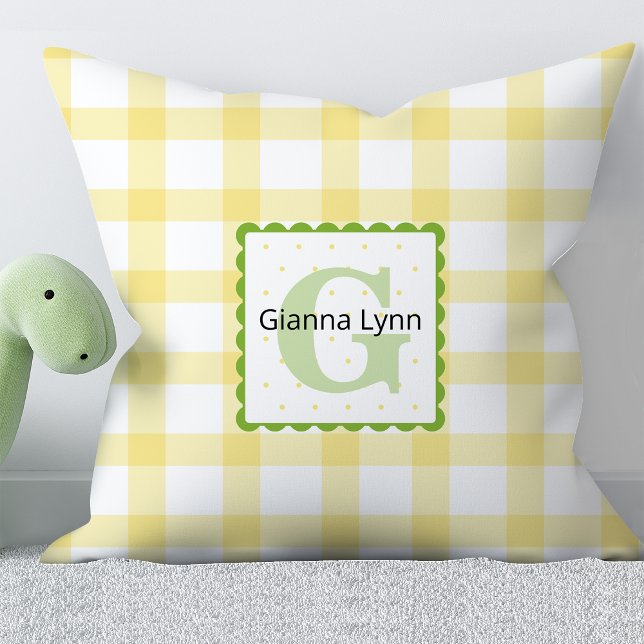 Yellow and Green Monogram Gingham Baby Throw Pillow (Creator Uploaded)
