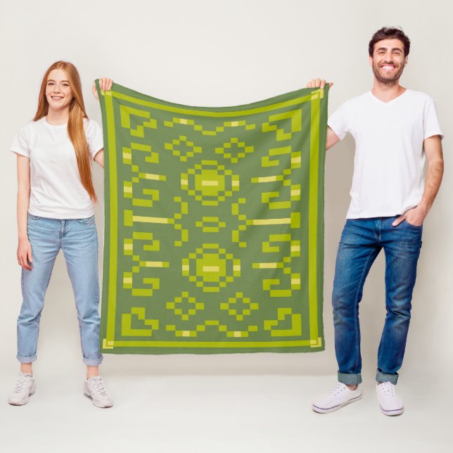 Yellow and green pixels play geometric shapes fleece blanket (In Situ)