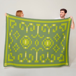 Yellow and green pixels play geometric shapes fleece blanket