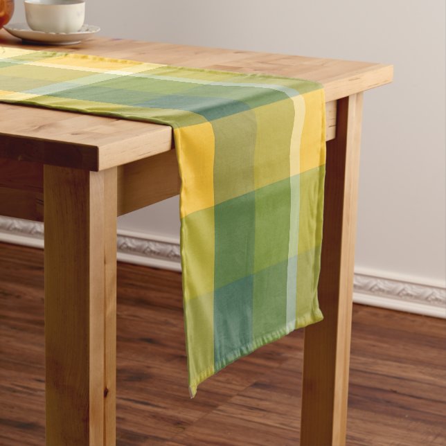 Yellow and Green Plaid Pattern Background Short Table Runner (In Situ)