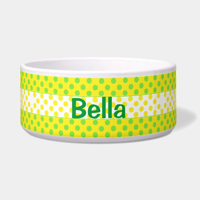 Yellow and Green Polka Dot Custom Ceramic Dog Bowl (Front)