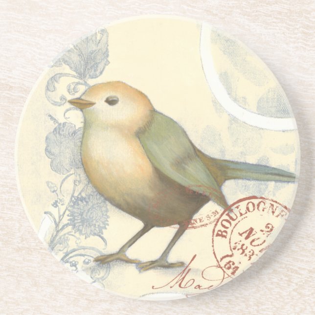 Yellow and Green Sparrow on Vintage Background Coaster (Front)