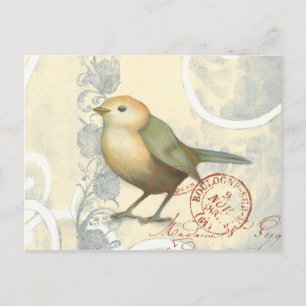 Yellow and Green Sparrow on Vintage Background Postcard