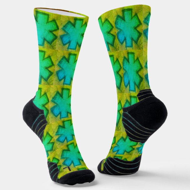 Yellow and green "Star of Life" Ems socks (Angled)