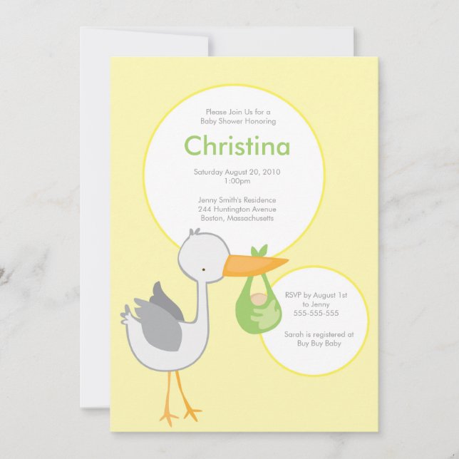 Yellow and Green Stork Baby Shower Invitation (Front)