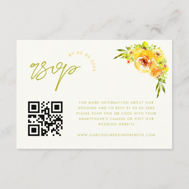 Yellow and Green Vibrant Floral QR Code RSVP Card (Front)