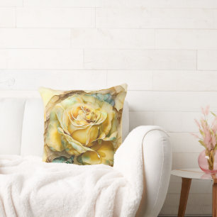 Yellow and Green Watercolor Rose Enlarged Throw Pillow
