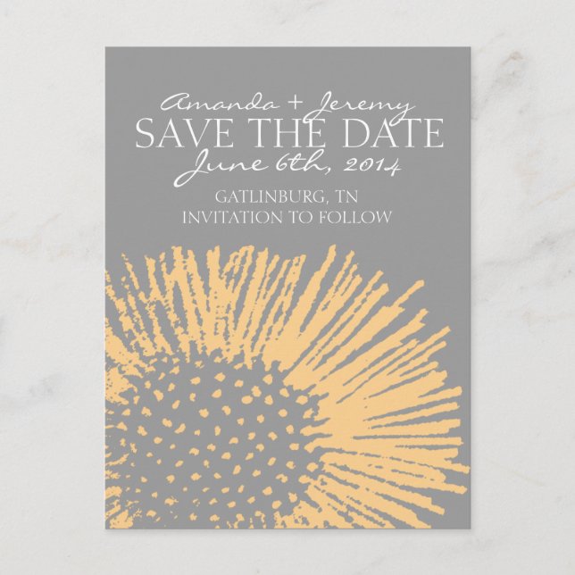 Yellow and Grey Abstract Floral Save the Date Announcement Postcard (Front)