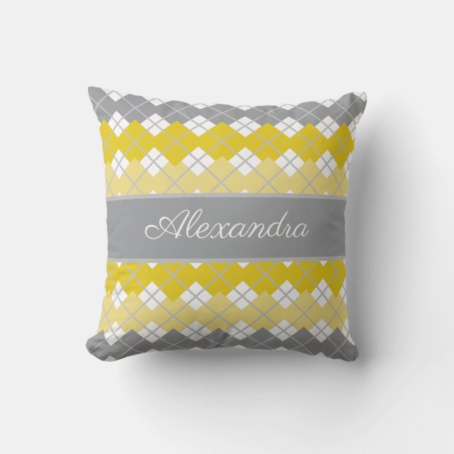 Yellow and Grey Argyle Pattern  Custom Name Throw Pillow (Front)