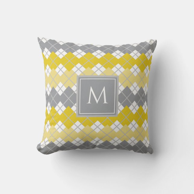 Yellow and Grey Argyle Pattern Monogram Throw Pillow (Front)