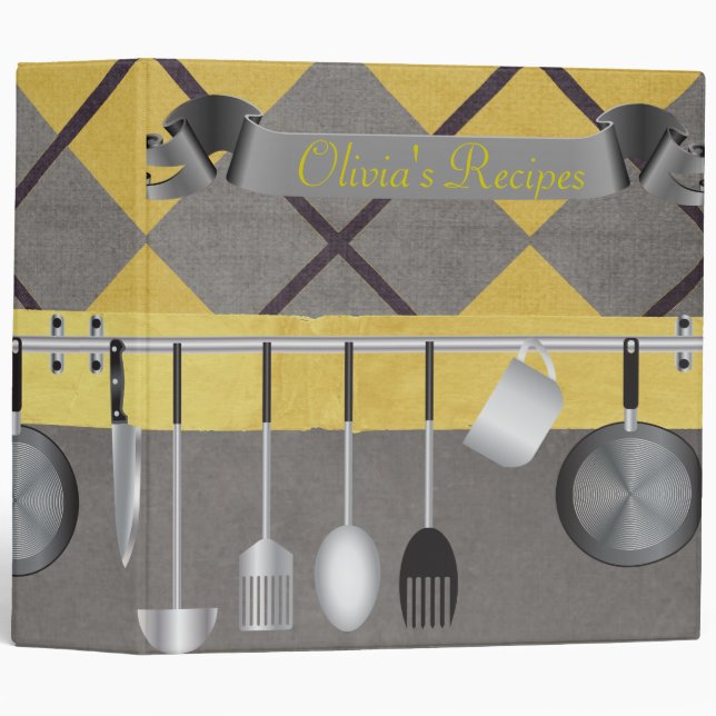 Yellow and Grey Argyle Recipe Binder (Front/Spine)