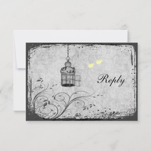Yellow and Grey Birdcage Lovebirds Reply Card (Front)
