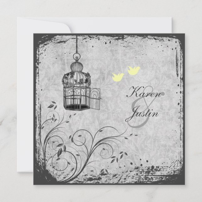 Yellow and Grey Birdcage Lovebirds Wedding Invite (Front)