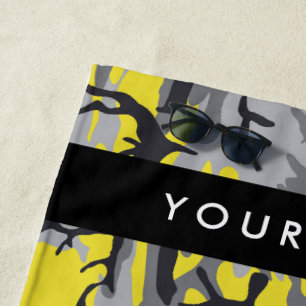 Yellow and Grey Camouflage Your name Personalize Beach Towel
