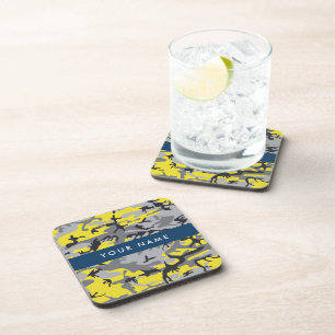Yellow and Grey Camouflage Your name Personalize Coaster