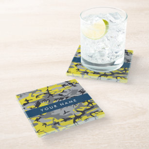 Yellow and Grey Camouflage Your name Personalize Glass Coaster