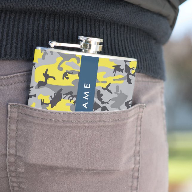 Yellow and Grey Camouflage Your name Personalize Hip Flask (In Situ)