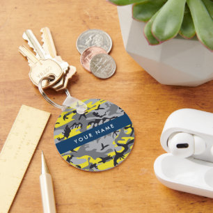 Yellow and Grey Camouflage Your name Personalize Keychain