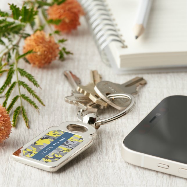 Yellow and Grey Camouflage Your name Personalize Keychain (Side)