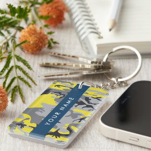 Yellow and Grey Camouflage Your name Personalize Keychain