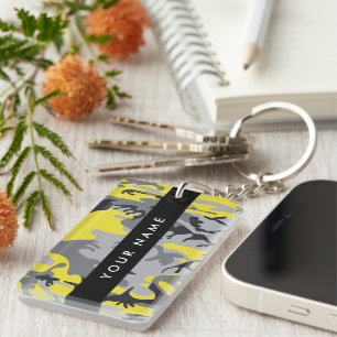 Yellow and Grey Camouflage Your name Personalize Keychain