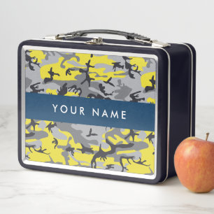 Yellow and Grey Camouflage Your name Personalize Metal Lunch Box