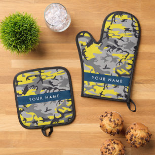 Yellow and Grey Camouflage Your name Personalize Oven Mitt & Pot Holder Set